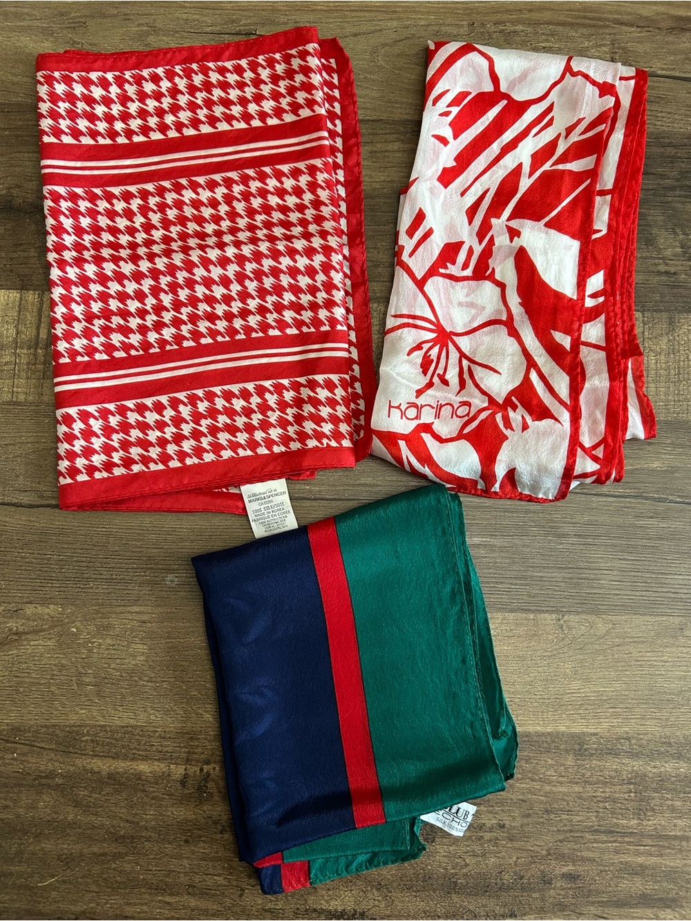 Lot of 3 Vintage 100% Silk Scarves Marks & Spencer Houndstooth Karina Club Echo